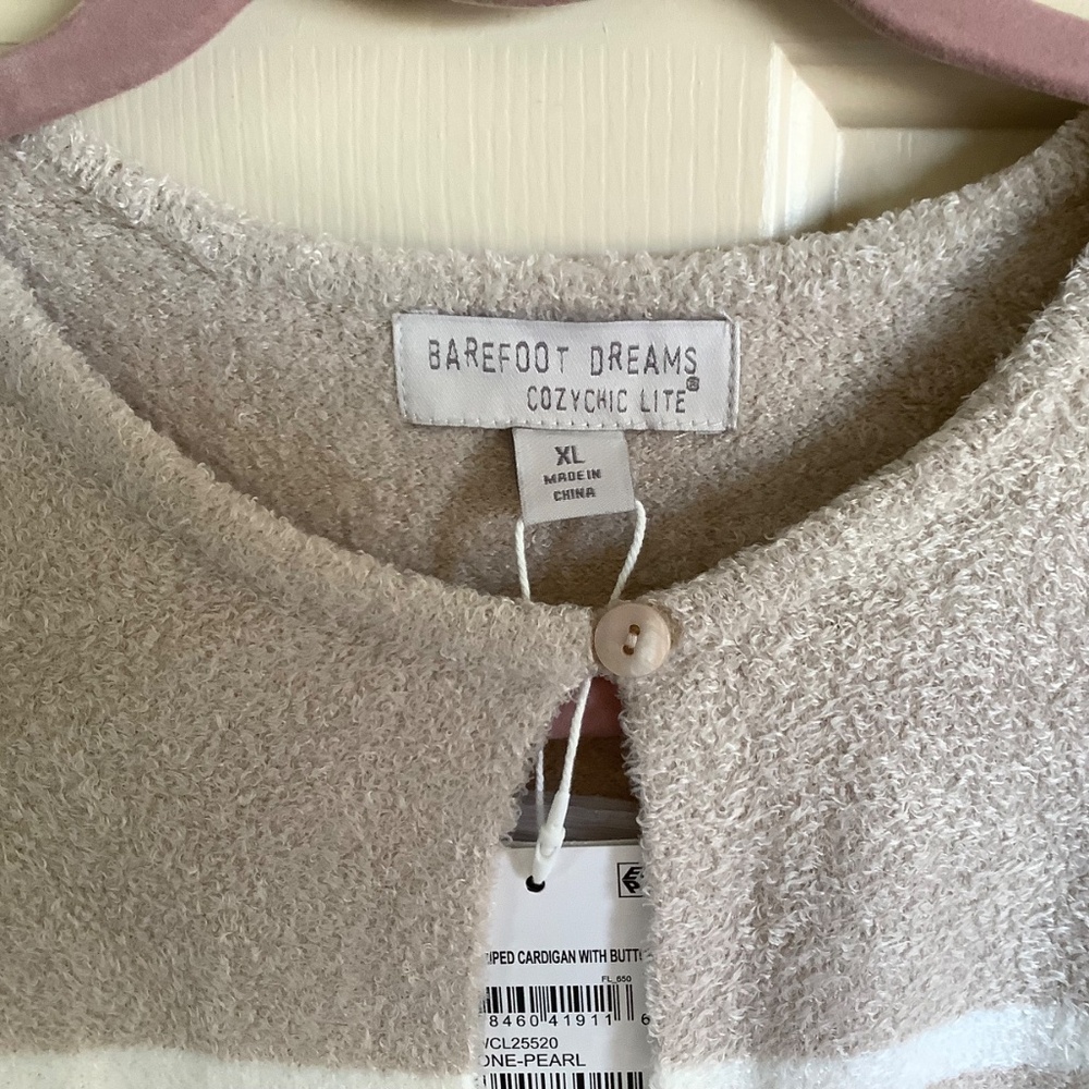 Barefoot Dreams CozyChic Lite Striped Cardigan Stone/Pearl SZ XL - Picture 8 of 16